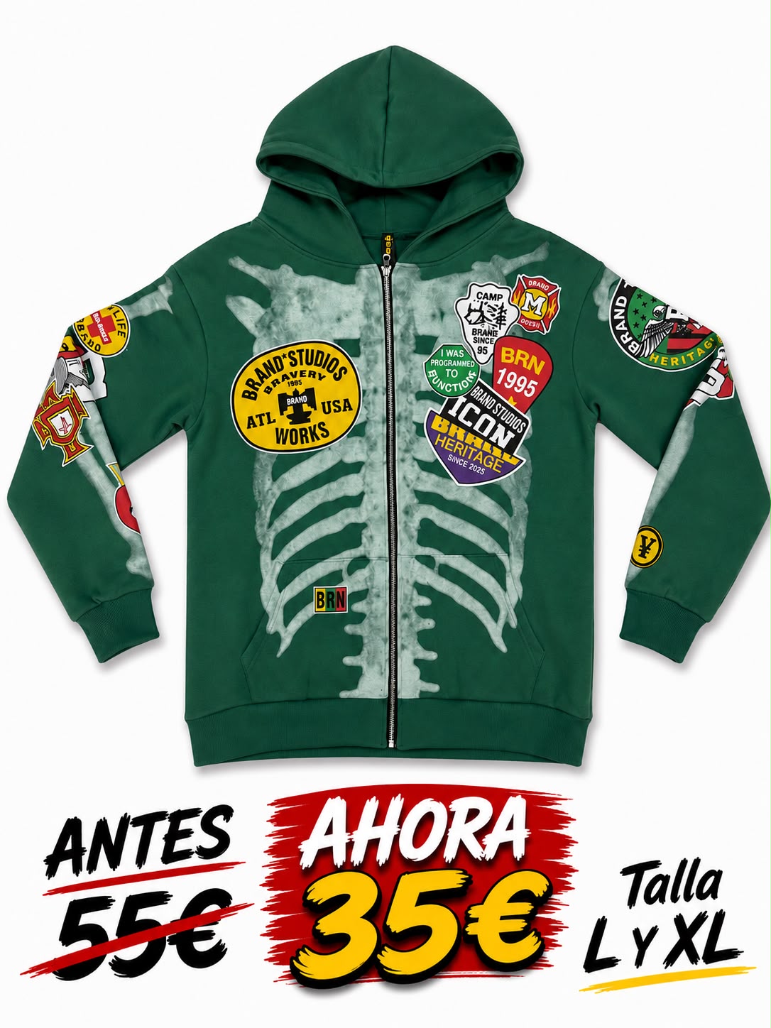 Sudadera B3 Glow Skeleton X-Ray Verde — B3 Glow Moda