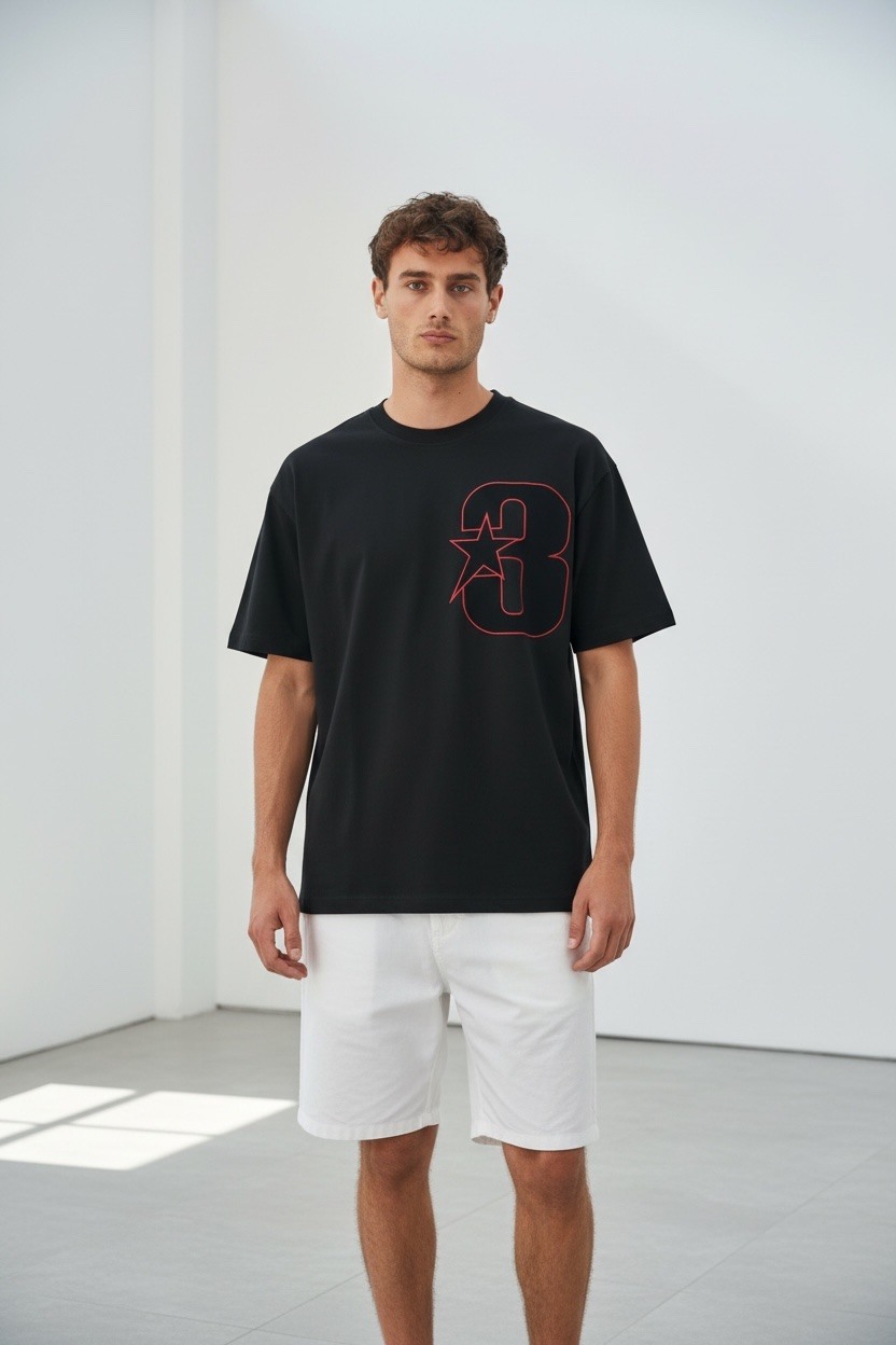 Camiseta B3 Glow Star Number 3 Negra Roja — B3 Glow Moda